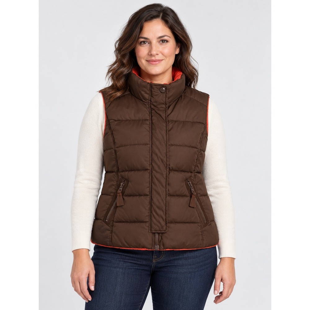 Joules Brown Quilted Puffer Vest Orange Lining Mock Neck Full Zip Sleeveless L
